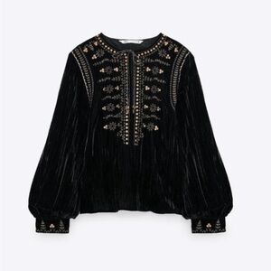 NEW ZARA EMBROIDERED VELVET BLOUSE SIZE XS BLACK 6895/042/800